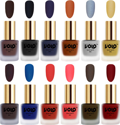 

Volo Velvet Dull Matte Bold Colors Nail Polish Combo in Wholesale Rate Chocolate Brown, Black, Russian Navy Blue, Metallic Coral, Metallic Silver, Metallic Golden, Dark Coffee, Blue, Coral, Neon Orange, Olive Brown, Tomato Red(Pack of 12)