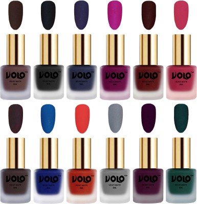 Volo Velvet Dull Matte Bold Colors Nail Polish Combo in Wholesale Rate Combo-No-79 Magenta, Coral, Light Wine, Russian Navy Blue, Dark Green, Dark Coffee, Maroon, Blue, Black, Chocolate Brown, Passion Pink, Grey(Pack of 12)