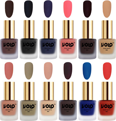 

Volo Velvet Dull Matte Bold Colors Nail Polish Combo in Wholesale Rate Chocolate Brown, Black, Russian Navy Blue, Dark Peach, Dark Wine, Skin Nude, Light Peach, Sand Nude, Nude, Dark Coffee, Blue, Coral(Pack of 12)