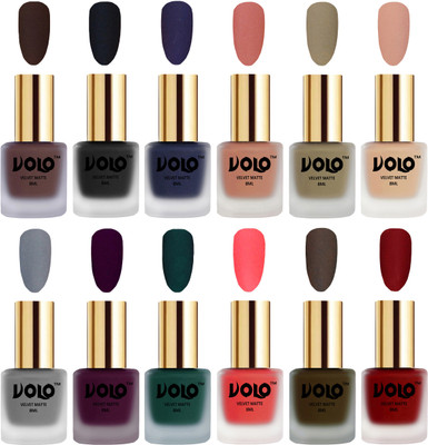 

Volo Velvet Dull Matte Bold Colors Nail Polish Combo in Wholesale Rate Chocolate Brown, Black, Russian Navy Blue, Light Peach, Sand Nude, Nude, Grey, Light Wine, Dark Green, Neon Orange, Olive Brown, Tomato Red(Pack of 12)