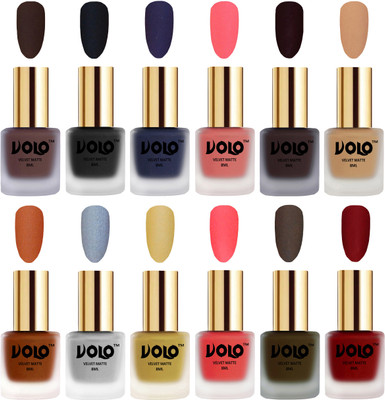 

Volo Velvet Dull Matte Bold Colors Nail Polish Combo in Wholesale Rate Chocolate Brown, Black, Russian Navy Blue, Dark Peach, Dark Wine, Skin Nude, Metallic Coral, Metallic Silver, Metallic Golden, Neon Orange, Olive Brown, Tomato Red(Pack of 12)