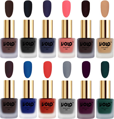 

Volo Velvet Dull Matte Bold Colors Nail Polish Combo in Wholesale Rate Chocolate Brown, Black, Russian Navy Blue, Dark Peach, Dark Wine, Skin Nude, Dark Coffee, Blue, Coral, Grey, Light Wine, Dark Green(Pack of 12)