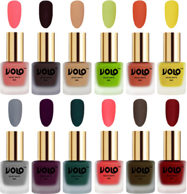 

Volo Velvet Dull Matte Bold Colors Nail Polish Combo in Wholesale Rate Dark Peach, Dark Wine, Skin Nude, Parrot Green, Orange, Yellow, Grey, Light Wine, Dark Green, Neon Orange, Olive Brown, Tomato Red(Pack of 12)