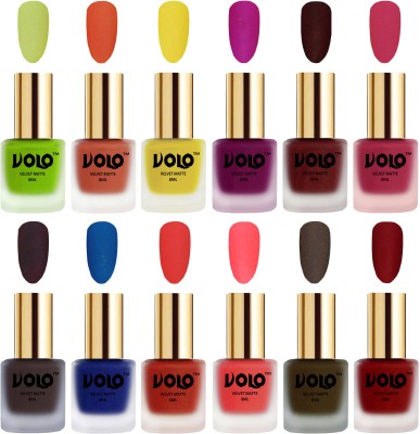 Volo Velvet Dull Matte Bold Colors Nail Polish Combo in Wholesale Rate Combo-No-199 Magenta, Coral, Tomato Red, Neon Orange, Dark Coffee, Olive Brown, Maroon, Blue, Orange, Passion Pink, Yellow, Parrot Green(Pack of 12)