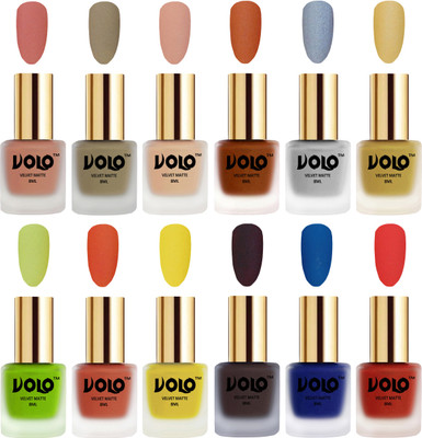 

Volo Velvet Dull Matte Bold Colors Nail Polish Combo in Wholesale Rate Light Peach, Sand Nude, Nude, Metallic Coral, Metallic Silver, Metallic Golden, Parrot Green, Orange, Yellow, Dark Coffee, Blue, Coral(Pack of 12)