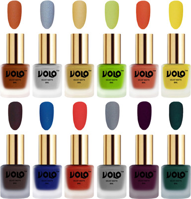 

Volo Velvet Dull Matte Bold Colors Nail Polish Combo in Wholesale Rate Metallic Coral, Metallic Silver, Metallic Golden, Parrot Green, Orange, Yellow, Dark Coffee, Blue, Coral, Grey, Light Wine, Dark Green(Pack of 12)