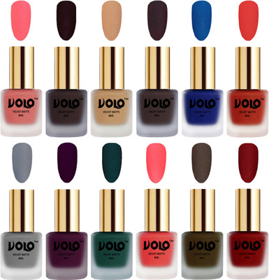 

Volo Velvet Dull Matte Bold Colors Nail Polish Combo in Wholesale Rate Dark Peach, Dark Wine, Skin Nude, Dark Coffee, Blue, Coral, Grey, Light Wine, Dark Green, Neon Orange, Olive Brown, Tomato Red(Pack of 12)