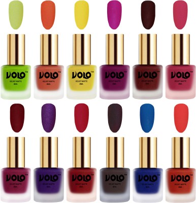 Volo Velvet Dull Matte Bold Colors Nail Polish Combo in Wholesale Rate Combo-No-197 Magenta, Coral, Metallic Dark Purple, Dark Coffee, Maroon, Blue, Passion Red, Orange, Passion Pink, Yellow, Carrot Red, Parrot Green(Pack of 12)