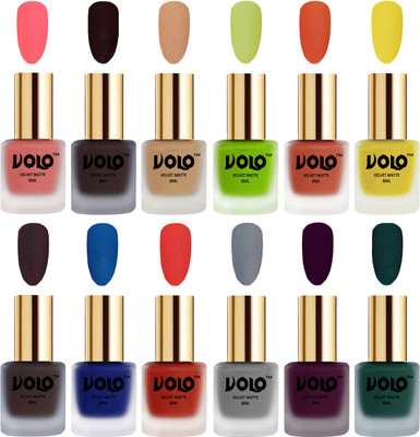 

Volo Velvet Dull Matte Bold Colors Nail Polish Combo in Wholesale Rate Dark Peach, Dark Wine, Skin Nude, Parrot Green, Orange, Yellow, Dark Coffee, Blue, Coral, Grey, Light Wine, Dark Green(Pack of 12)