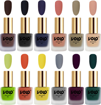 

Volo Velvet Dull Matte Bold Colors Nail Polish Combo in Wholesale Rate Chocolate Brown, Black, Russian Navy Blue, Light Peach, Sand Nude, Nude, Parrot Green, Orange, Yellow, Grey, Light Wine, Dark Green(Pack of 12)