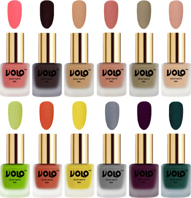 

Volo Velvet Dull Matte Bold Colors Nail Polish Combo in Wholesale Rate Dark Peach, Dark Wine, Skin Nude, Light Peach, Sand Nude, Nude, Parrot Green, Orange, Yellow, Grey, Light Wine, Dark Green(Pack of 12)