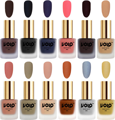 

Volo Velvet Dull Matte Bold Colors Nail Polish Combo in Wholesale Rate Chocolate Brown, Black, Russian Navy Blue, Dark Peach, Dark Wine, Skin Nude, Light Peach, Sand Nude, Nude, Metallic Coral, Metallic Silver, Metallic Golden(Pack of 12)