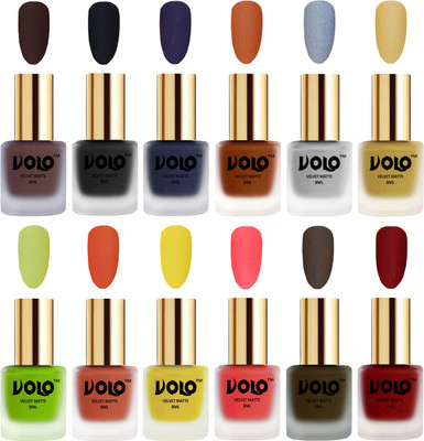 

Volo Velvet Dull Matte Bold Colors Nail Polish Combo in Wholesale Rate Chocolate Brown, Black, Russian Navy Blue, Metallic Coral, Metallic Silver, Metallic Golden, Parrot Green, Orange, Yellow, Neon Orange, Olive Brown, Tomato Red(Pack of 12)