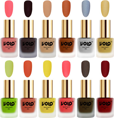 

Volo Velvet Dull Matte Bold Colors Nail Polish Combo in Wholesale Rate Dark Peach, Dark Wine, Skin Nude, Metallic Coral, Metallic Silver, Metallic Golden, Parrot Green, Orange, Yellow, Neon Orange, Olive Brown, Tomato Red(Pack of 12)