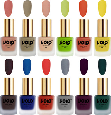 

Volo Velvet Dull Matte Bold Colors Nail Polish Combo in Wholesale Rate Light Peach, Sand Nude, Nude, Parrot Green, Orange, Yellow, Dark Coffee, Blue, Coral, Grey, Light Wine, Dark Green(Pack of 12)