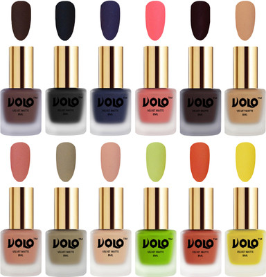 

Volo Velvet Dull Matte Bold Colors Nail Polish Combo in Wholesale Rate Chocolate Brown, Black, Russian Navy Blue, Dark Peach, Dark Wine, Skin Nude, Light Peach, Sand Nude, Nude, Parrot Green, Orange, Yellow(Pack of 12)