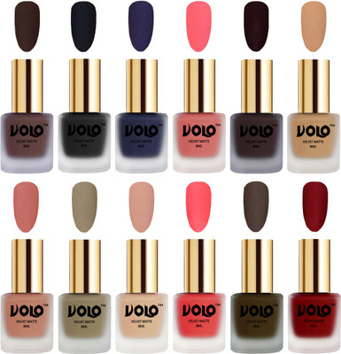 

Volo Velvet Dull Matte Bold Colors Nail Polish Combo in Wholesale Rate Chocolate Brown, Black, Russian Navy Blue, Dark Peach, Dark Wine, Skin Nude, Light Peach, Sand Nude, Nude, Neon Orange, Olive Brown, Tomato Red(Pack of 12)
