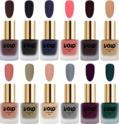 

Volo Velvet Dull Matte Bold Colors Nail Polish Combo in Wholesale Rate Chocolate Brown, Black, Russian Navy Blue, Dark Peach, Dark Wine, Skin Nude, Light Peach, Sand Nude, Nude, Grey, Light Wine, Dark Green(Pack of 12)