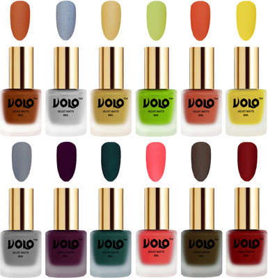 

Volo Velvet Dull Matte Bold Colors Nail Polish Combo in Wholesale Rate Metallic Coral, Metallic Silver, Metallic Golden, Parrot Green, Orange, Yellow, Grey, Light Wine, Dark Green, Neon Orange, Olive Brown, Tomato Red(Pack of 12)