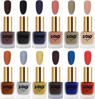 

Volo Velvet Dull Matte Bold Colors Nail Polish Combo in Wholesale Rate Chocolate Brown, Black, Russian Navy Blue, Light Peach, Sand Nude, Nude, Metallic Coral, Metallic Silver, Metallic Golden, Dark Coffee, Blue, Coral(Pack of 12)
