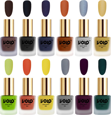 

Volo Velvet Dull Matte Bold Colors Nail Polish Combo in Wholesale Rate Chocolate Brown, Black, Russian Navy Blue, Metallic Coral, Metallic Silver, Metallic Golden, Parrot Green, Orange, Yellow, Grey, Light Wine, Dark Green(Pack of 12)