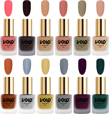 

Volo Velvet Dull Matte Bold Colors Nail Polish Combo in Wholesale Rate Dark Peach, Dark Wine, Skin Nude, Light Peach, Sand Nude, Nude, Metallic Coral, Metallic Silver, Metallic Golden, Grey, Light Wine, Dark Green(Pack of 12)
