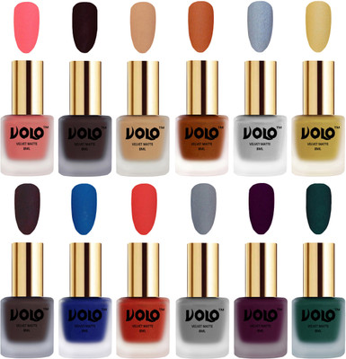 

Volo Velvet Dull Matte Bold Colors Nail Polish Combo in Wholesale Rate Dark Peach, Dark Wine, Skin Nude, Metallic Coral, Metallic Silver, Metallic Golden, Dark Coffee, Blue, Coral, Grey, Light Wine, Dark Green(Pack of 12)