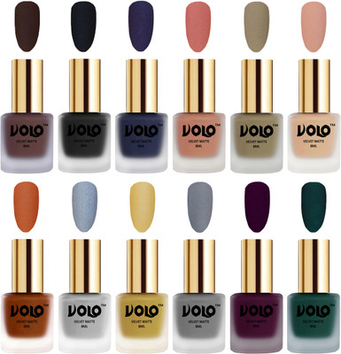 

Volo Velvet Dull Matte Bold Colors Nail Polish Combo in Wholesale Rate Chocolate Brown, Black, Russian Navy Blue, Light Peach, Sand Nude, Nude, Metallic Coral, Metallic Silver, Metallic Golden, Grey, Light Wine, Dark Green(Pack of 12)