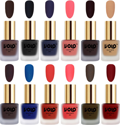 

Volo Velvet Dull Matte Bold Colors Nail Polish Combo in Wholesale Rate Chocolate Brown, Black, Russian Navy Blue, Dark Peach, Dark Wine, Skin Nude, Dark Coffee, Blue, Coral, Neon Orange, Olive Brown, Tomato Red(Pack of 12)
