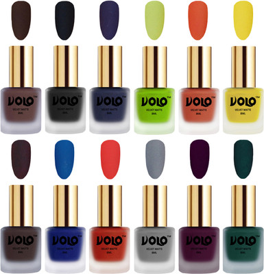 

Volo Velvet Dull Matte Bold Colors Nail Polish Combo in Wholesale Rate Chocolate Brown, Black, Russian Navy Blue, Parrot Green, Orange, Yellow, Dark Coffee, Blue, Coral, Grey, Light Wine, Dark Green(Pack of 12)