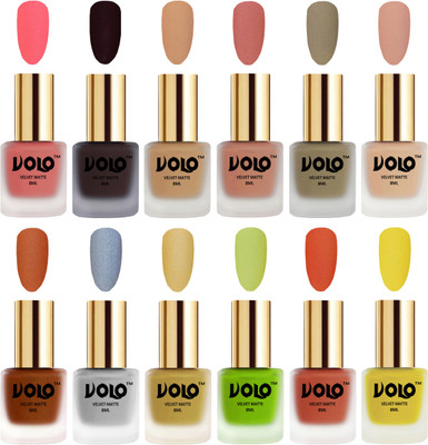 

Volo Velvet Dull Matte Bold Colors Nail Polish Combo in Wholesale Rate Dark Peach, Dark Wine, Skin Nude, Light Peach, Sand Nude, Nude, Metallic Coral, Metallic Silver, Metallic Golden, Parrot Green, Orange, Yellow(Pack of 12)