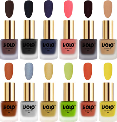 

Volo Velvet Dull Matte Bold Colors Nail Polish Combo in Wholesale Rate Chocolate Brown, Black, Russian Navy Blue, Dark Peach, Dark Wine, Skin Nude, Metallic Coral, Metallic Silver, Metallic Golden, Parrot Green, Orange, Yellow(Pack of 12)