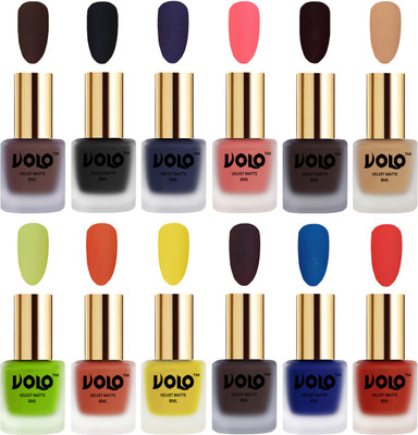 

Volo Velvet Dull Matte Bold Colors Nail Polish Combo in Wholesale Rate Chocolate Brown, Black, Russian Navy Blue, Dark Peach, Dark Wine, Skin Nude, Parrot Green, Orange, Yellow, Dark Coffee, Blue, Coral(Pack of 12)