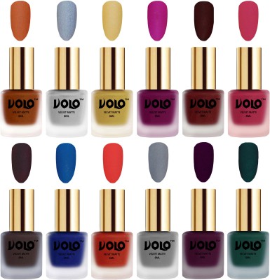 Volo Velvet Dull Matte Bold Colors Nail Polish Combo in Wholesale Rate Combo-No-190 Magenta, Coral, Light Wine, Dark Green, Dark Coffee, Maroon, Blue, Metallic Coral, Metallic Golden, Metallic Silver, Passion Pink, Grey(Pack of 12)