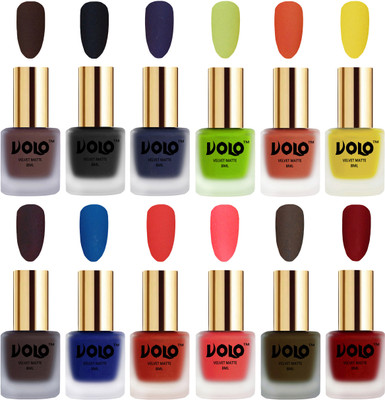 

Volo Velvet Dull Matte Bold Colors Nail Polish Combo in Wholesale Rate Chocolate Brown, Black, Russian Navy Blue, Parrot Green, Orange, Yellow, Dark Coffee, Blue, Coral, Neon Orange, Olive Brown, Tomato Red(Pack of 12)