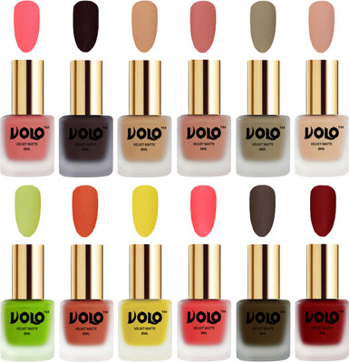 

Volo Velvet Dull Matte Bold Colors Nail Polish Combo in Wholesale Rate Dark Peach, Dark Wine, Skin Nude, Light Peach, Sand Nude, Nude, Parrot Green, Orange, Yellow, Neon Orange, Olive Brown, Tomato Red(Pack of 12)