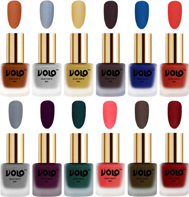 

Volo Velvet Dull Matte Bold Colors Nail Polish Combo in Wholesale Rate Metallic Coral, Metallic Silver, Metallic Golden, Dark Coffee, Blue, Coral, Grey, Light Wine, Dark Green, Neon Orange, Olive Brown, Tomato Red(Pack of 12)