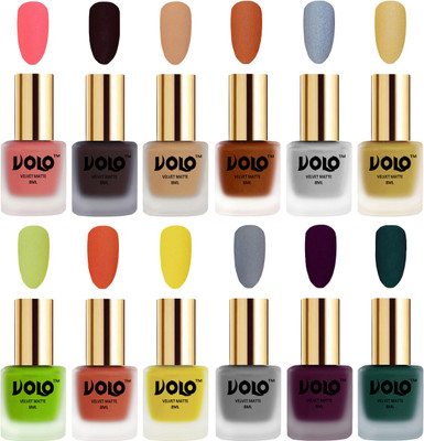 

Volo Velvet Dull Matte Bold Colors Nail Polish Combo in Wholesale Rate Dark Peach, Dark Wine, Skin Nude, Metallic Coral, Metallic Silver, Metallic Golden, Parrot Green, Orange, Yellow, Grey, Light Wine, Dark Green(Pack of 12)