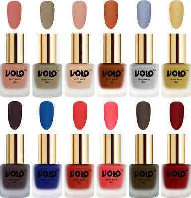 

Volo Velvet Dull Matte Bold Colors Nail Polish Combo in Wholesale Rate Light Peach, Sand Nude, Nude, Metallic Coral, Metallic Silver, Metallic Golden, Dark Coffee, Blue, Coral, Neon Orange, Olive Brown, Tomato Red(Pack of 12)