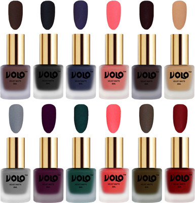 

Volo Velvet Dull Matte Bold Colors Nail Polish Combo in Wholesale Rate Chocolate Brown, Black, Russian Navy Blue, Dark Peach, Dark Wine, Skin Nude, Grey, Light Wine, Dark Green, Neon Orange, Olive Brown, Tomato Red(Pack of 12)