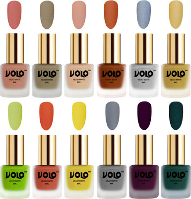 

Volo Velvet Dull Matte Bold Colors Nail Polish Combo in Wholesale Rate Light Peach, Sand Nude, Nude, Metallic Coral, Metallic Silver, Metallic Golden, Parrot Green, Orange, Yellow, Grey, Light Wine, Dark Green(Pack of 12)