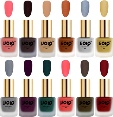 

Volo Velvet Dull Matte Bold Colors Nail Polish Combo in Wholesale Rate Dark Peach, Dark Wine, Skin Nude, Metallic Coral, Metallic Silver, Metallic Golden, Grey, Light Wine, Dark Green, Neon Orange, Olive Brown, Tomato Red(Pack of 12)