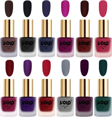 Volo Velvet Dull Matte Bold Colors Nail Polish Combo in Wholesale Rate Combo-No-77 Magenta, Light Wine, Metallic Dark Purple, Russian Navy Blue, Dark Green, Maroon, Black, Passion Red, Chocolate Brown, Passion Pink, Grey, Carrot Red(Pack of 12)