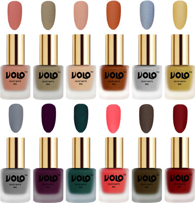 

Volo Velvet Dull Matte Bold Colors Nail Polish Combo in Wholesale Rate Light Peach, Sand Nude, Nude, Metallic Coral, Metallic Silver, Metallic Golden, Grey, Light Wine, Dark Green, Neon Orange, Olive Brown, Tomato Red(Pack of 12)