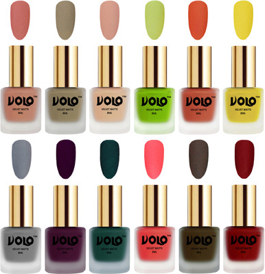 

Volo Velvet Dull Matte Bold Colors Nail Polish Combo in Wholesale Rate Light Peach, Sand Nude, Nude, Parrot Green, Orange, Yellow, Grey, Light Wine, Dark Green, Neon Orange, Olive Brown, Tomato Red(Pack of 12)