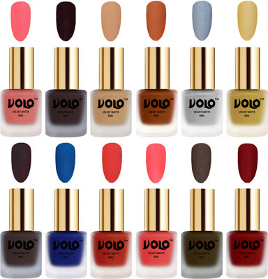 

Volo Velvet Dull Matte Bold Colors Nail Polish Combo in Wholesale Rate Dark Peach, Dark Wine, Skin Nude, Metallic Coral, Metallic Silver, Metallic Golden, Dark Coffee, Blue, Coral, Neon Orange, Olive Brown, Tomato Red(Pack of 12)