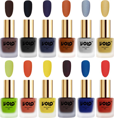 

Volo Velvet Dull Matte Bold Colors Nail Polish Combo in Wholesale Rate Chocolate Brown, Black, Russian Navy Blue, Metallic Coral, Metallic Silver, Metallic Golden, Parrot Green, Orange, Yellow, Dark Coffee, Blue, Coral(Pack of 12)