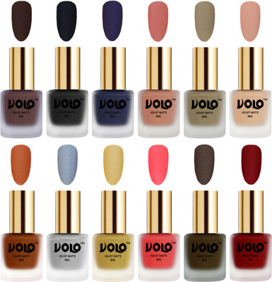 

Volo Velvet Dull Matte Bold Colors Nail Polish Combo in Wholesale Rate Chocolate Brown, Black, Russian Navy Blue, Light Peach, Sand Nude, Nude, Metallic Coral, Metallic Silver, Metallic Golden, Neon Orange, Olive Brown, Tomato Red(Pack of 12)