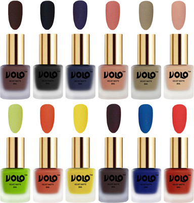

Volo Velvet Dull Matte Bold Colors Nail Polish Combo in Wholesale Rate Chocolate Brown, Black, Russian Navy Blue, Light Peach, Sand Nude, Nude, Parrot Green, Orange, Yellow, Dark Coffee, Blue, Coral(Pack of 12)