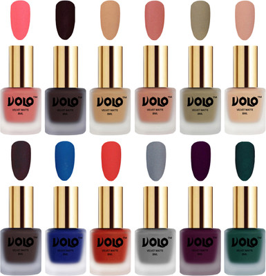 

Volo Velvet Dull Matte Bold Colors Nail Polish Combo in Wholesale Rate Dark Peach, Dark Wine, Skin Nude, Light Peach, Sand Nude, Nude, Dark Coffee, Blue, Coral, Grey, Light Wine, Dark Green(Pack of 12)